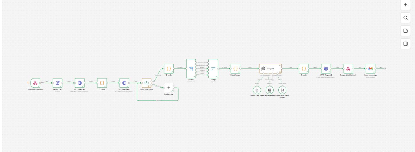 n8n workflow: AI course generator with form intake, HTTP requests, code nodes, switch/merge, DataWrapper, AI Agent, and webhook response